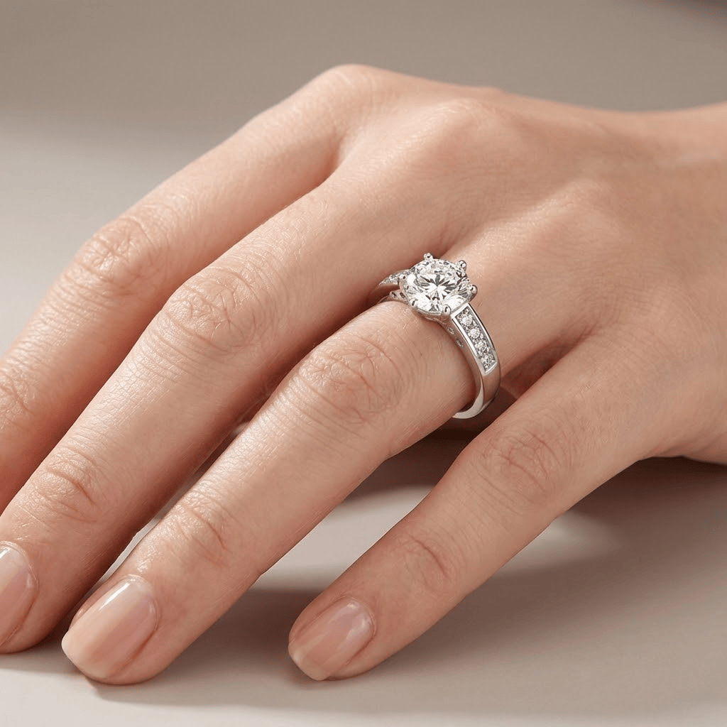 Anel redondo de prata com diamantes clássicos, da marca Rose & Oliver, exibido em fundo branco.