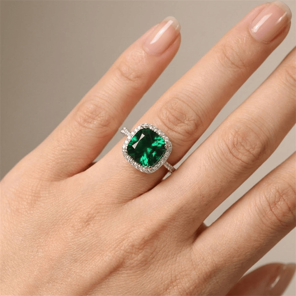 Anel de prata com aro de diamantes e grande esmeralda verde em centro, design cushion halo, da marca Rose & Oliver.