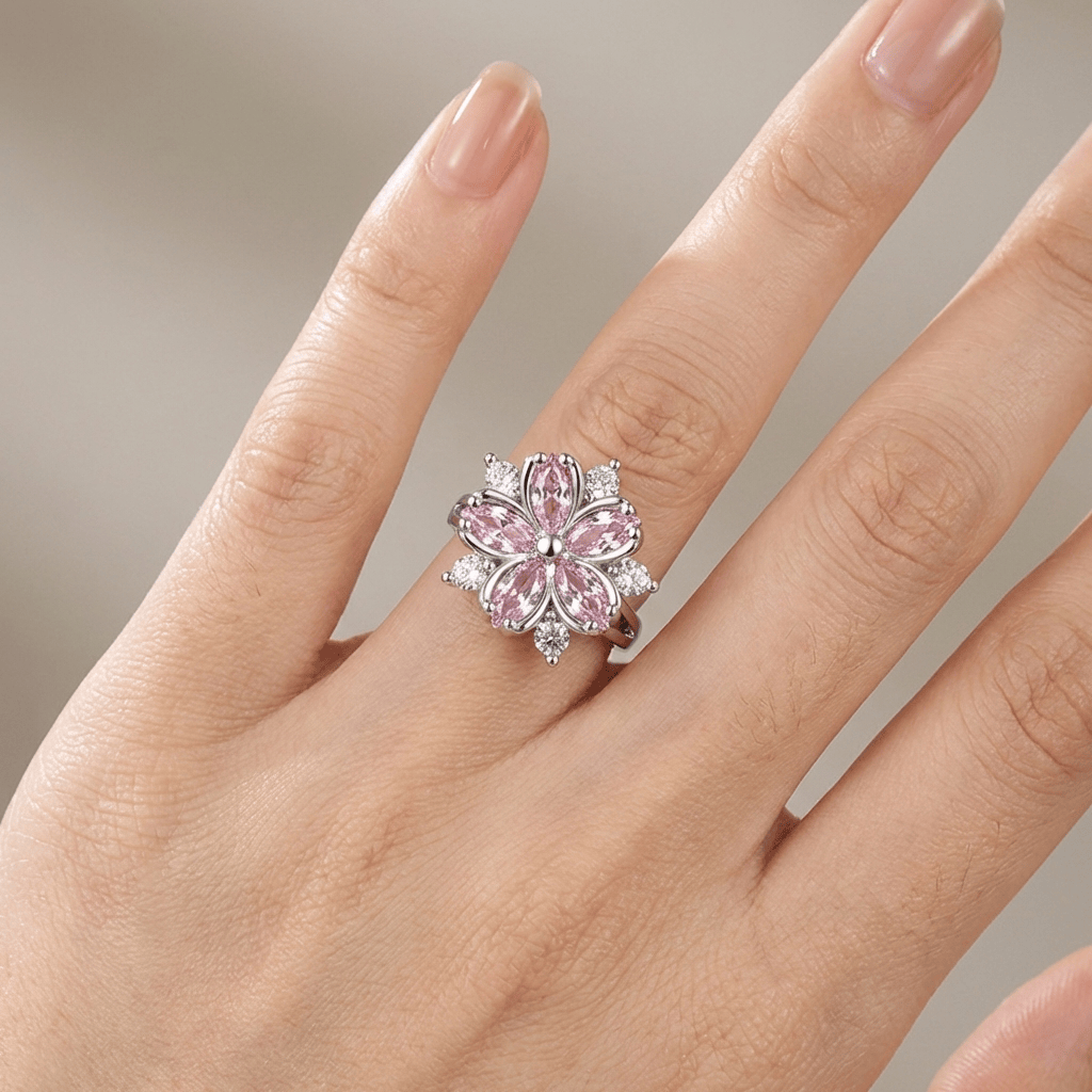 Anel ajustável em prata com cristal rosa e detalhes de cerejeira em estilo delicado, da marca Rose & Oliver.