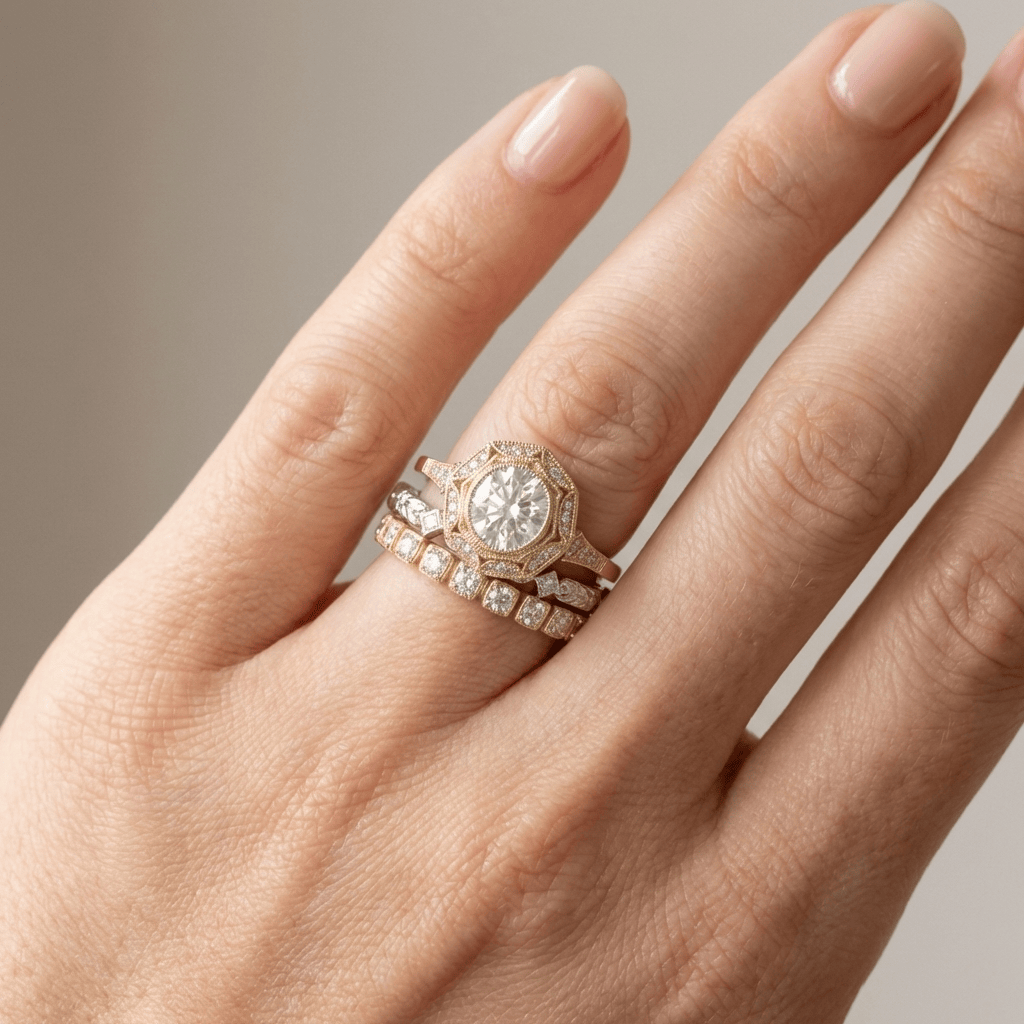 Anel oval com filigrana de ouro e diamantes da Rose & Oliver, detalhe elegante com design delicado e pedras brilhantes.