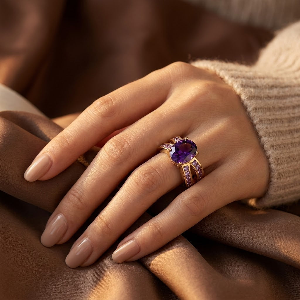 Anel de ouro com ametista em banda dividida, da marca Rose & Oliver, exibindo detalhes elegantes e brilho da pedra preciosa.