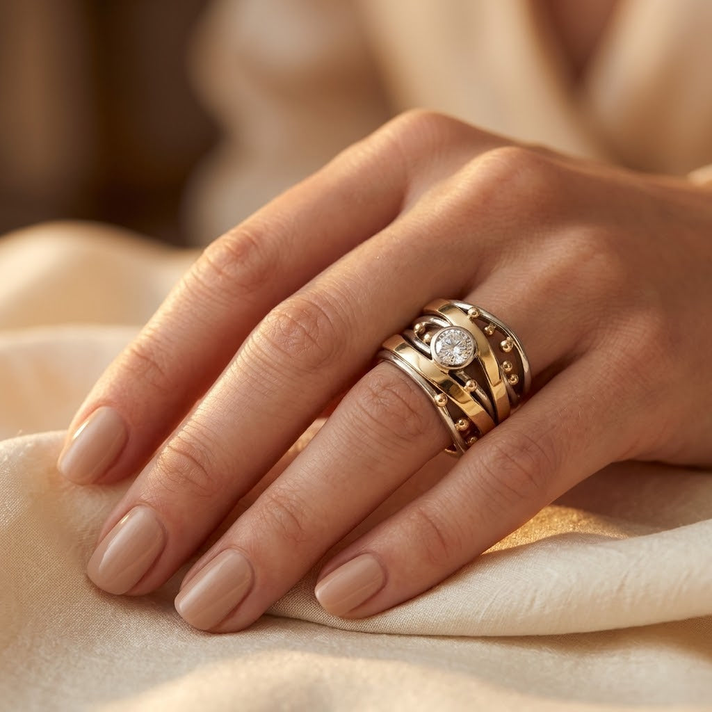 Anel de aro com acabamento em ouro e prata da Rose & Oliver, com detalhes de bezel envolvente e design elegante.