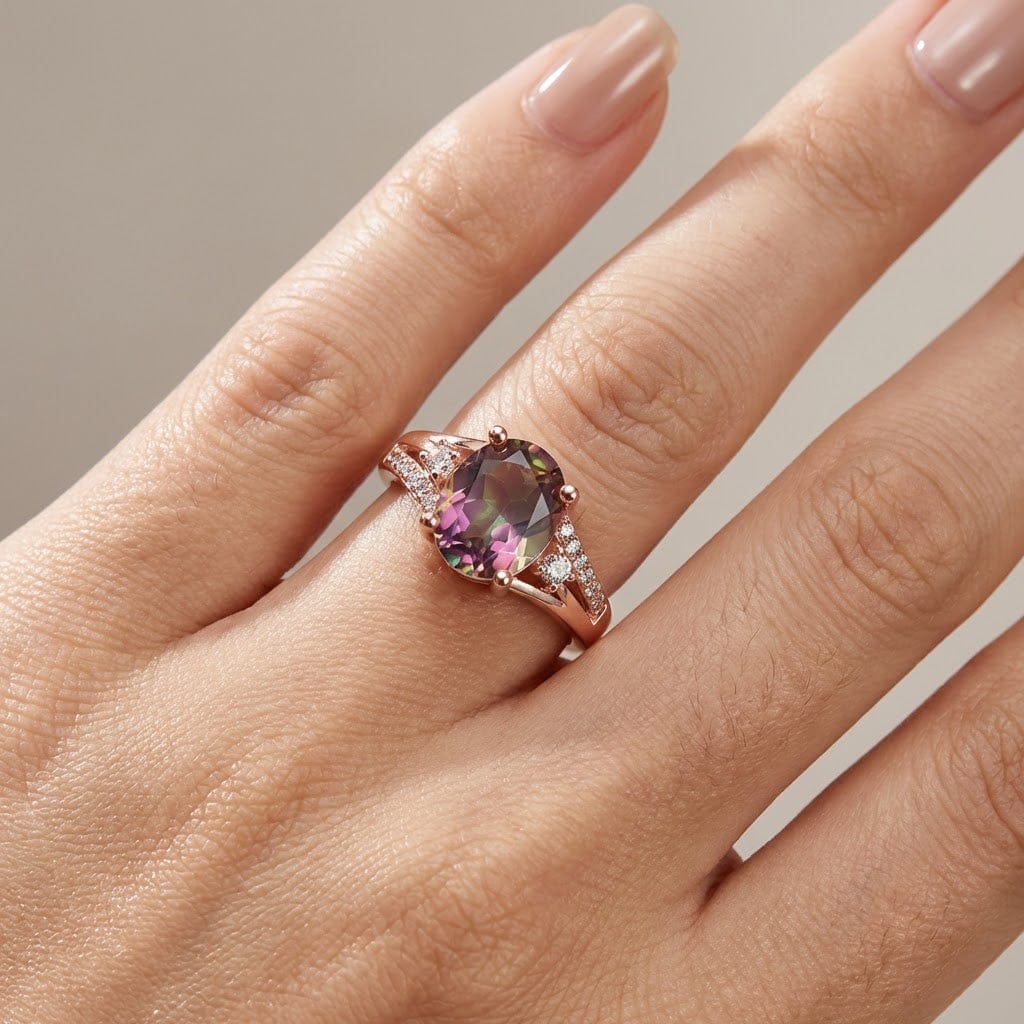Anel Rose & Oliver Mystic Topázio em ouro rosé com design elegante e pedra de topázio rosa brilhante.