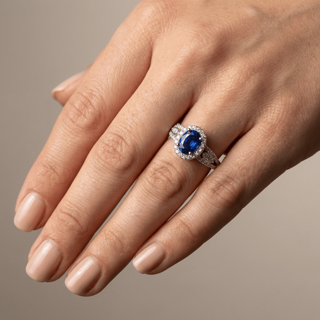 Anel vintage com halo de safira azul e detalhes em prata da marca Rose & Oliver, exibido em fundo neutro.