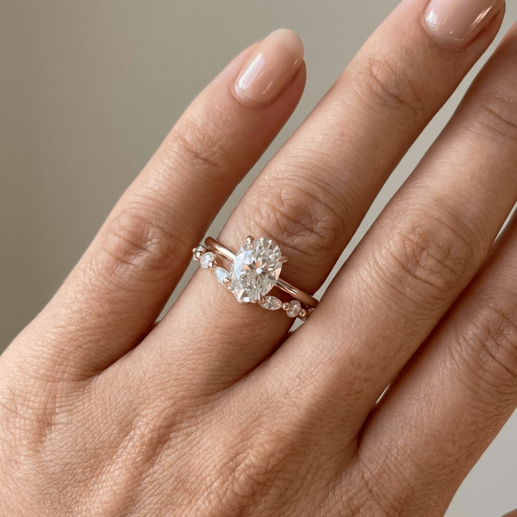 Conjunto de joias com anéis de ouro oval e marquise com diamantes, da marca Rose & Oliver, exibidos na imagem.