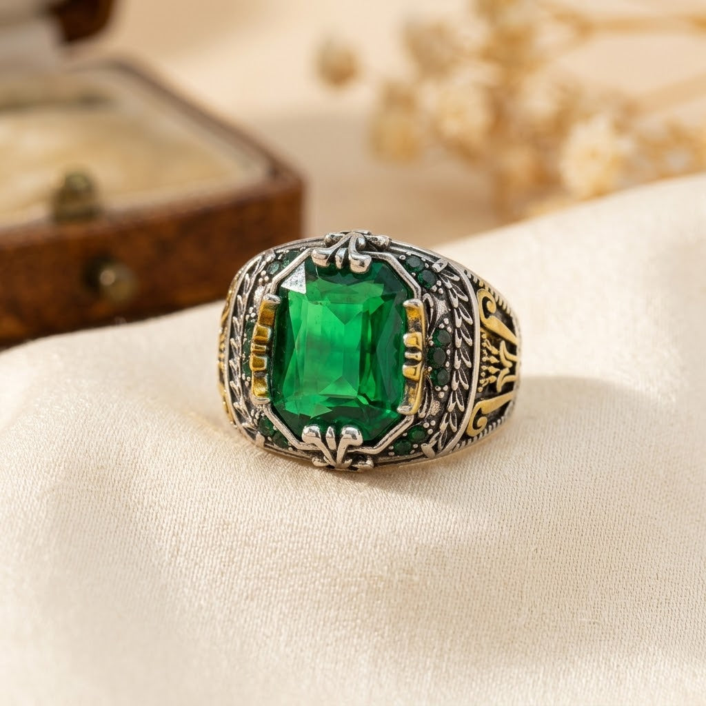 Anel vintage prateado com esmeralda verde, design clássico, da marca Rose & Oliver, destaque na imagem.