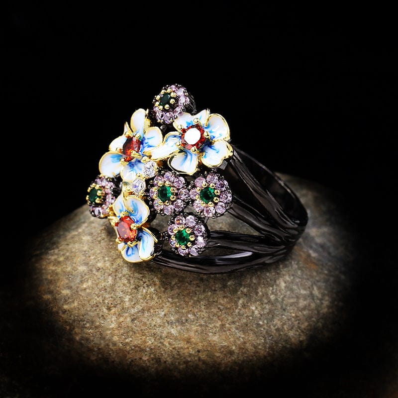 Colorful Enamel Flower Garden Ring by Rose & Oliver, detail view