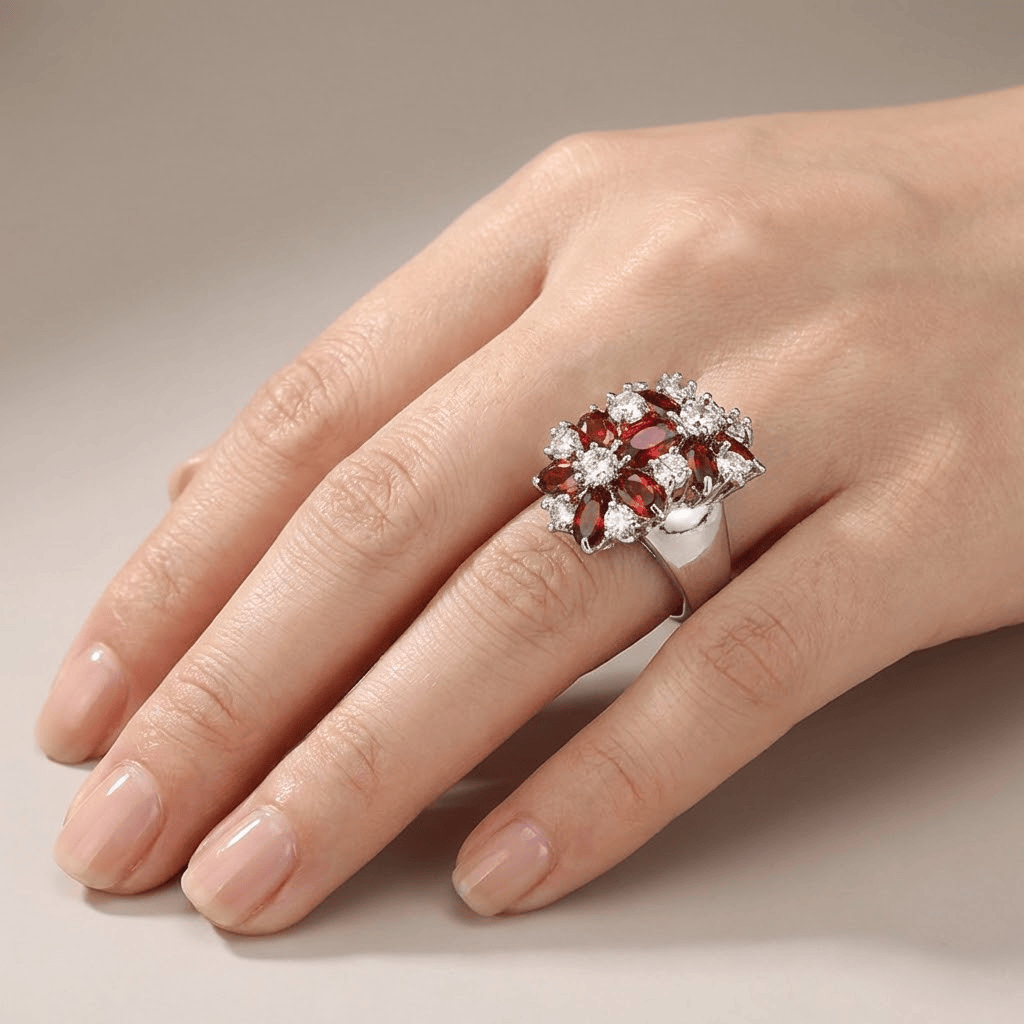 Anel de prata com flor de garnet vermelho em forma de cluster, desenho delicado e elegante, da marca Rose & Oliver.