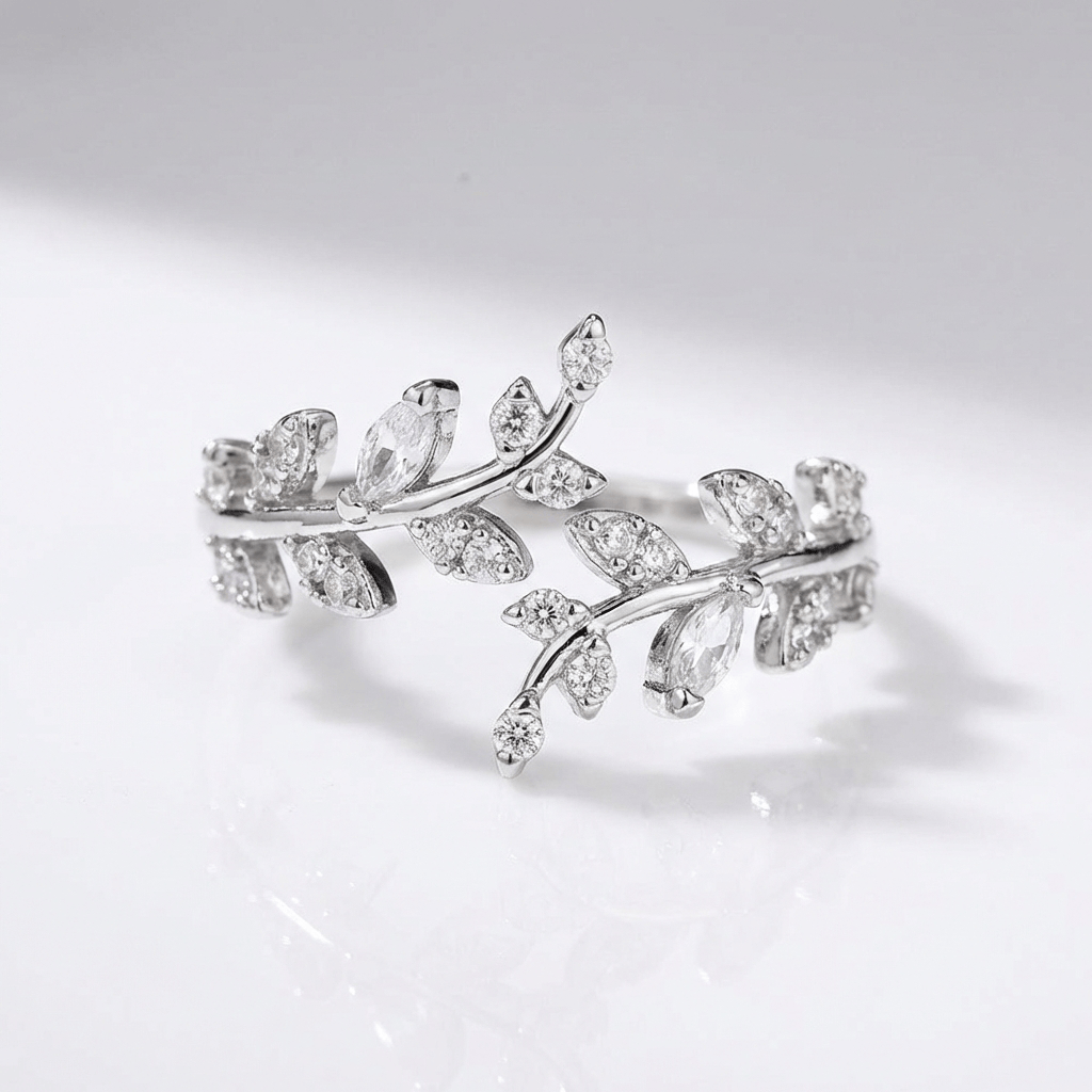 Crystal Leaf Vine Silver Ring - (Adjustable) by Rose & Oliver, main product view