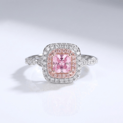 Anel de Rosa e Oliver com zirconia rosa e halo, acabamento brilhante e design delicado para joia elegante.