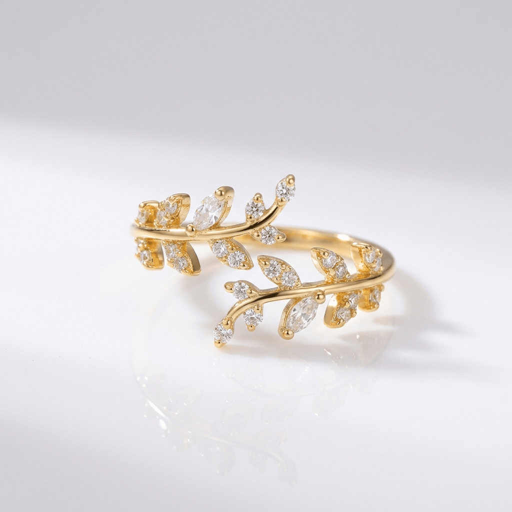 Crystal Leaf Vine Silver Ring - (Adjustable) by Rose & Oliver, detail view