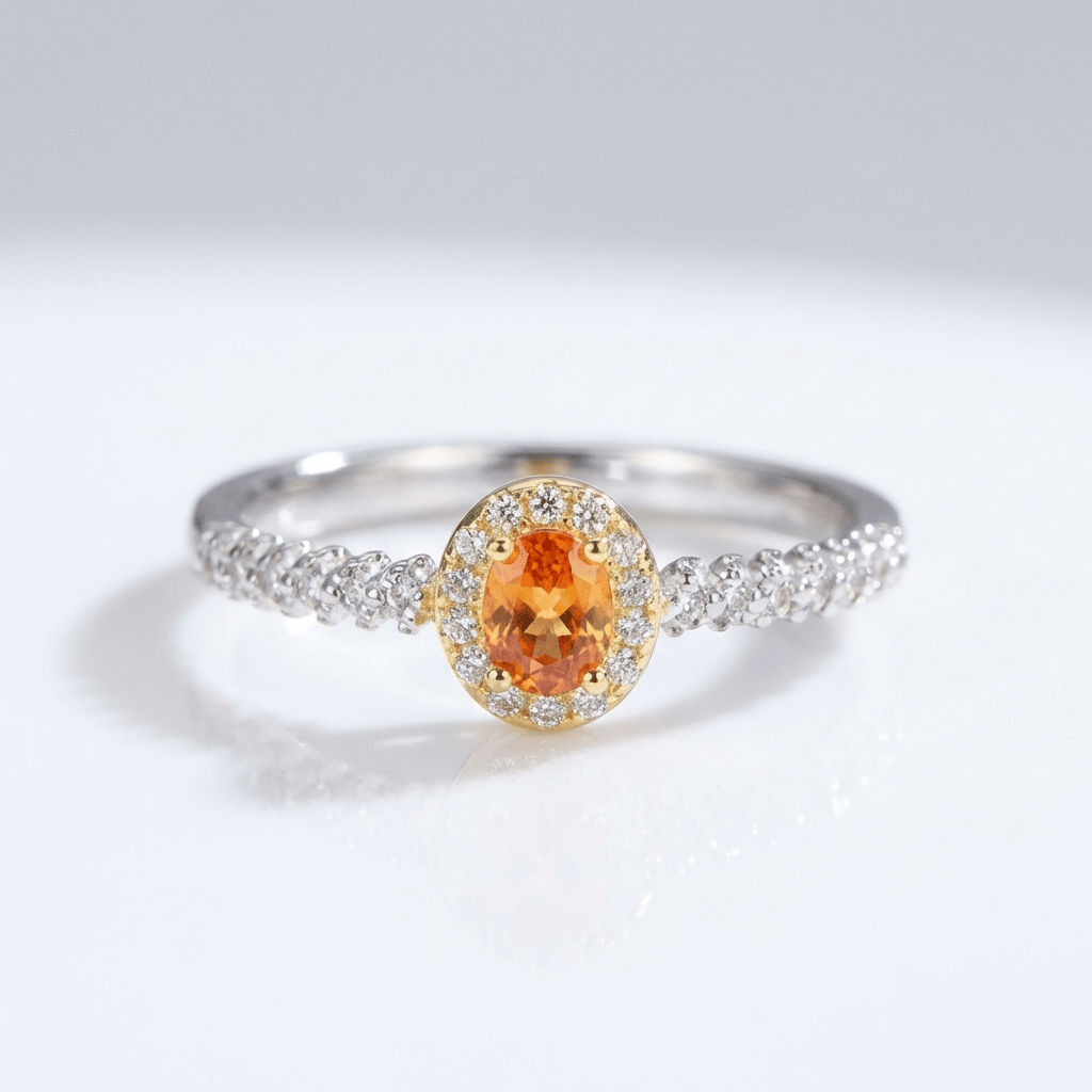 Anel ajustável Rose & Oliver com topoaz laranja prateado em halo, acabamento brilhante e design elegante para o dedo