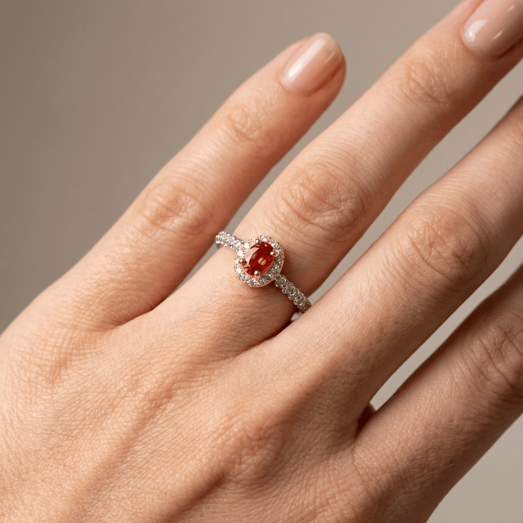 Anel ajustável Rose & Oliver com topoaz de laranja prateado em halo, destaque na imagem com detalhes brilhantes.