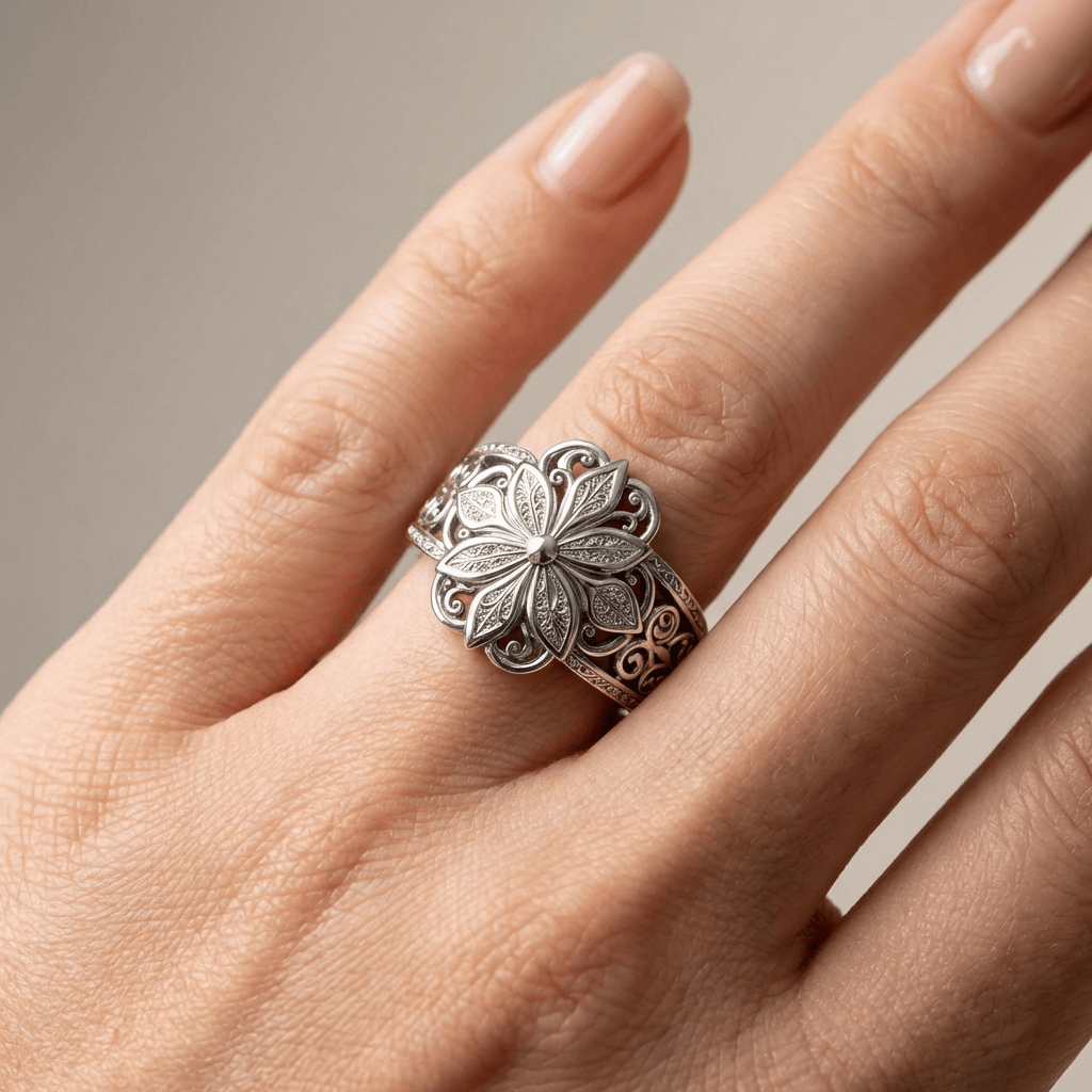 Silver Flower Zirconia Ring by Rose & Oliver, alternate product view