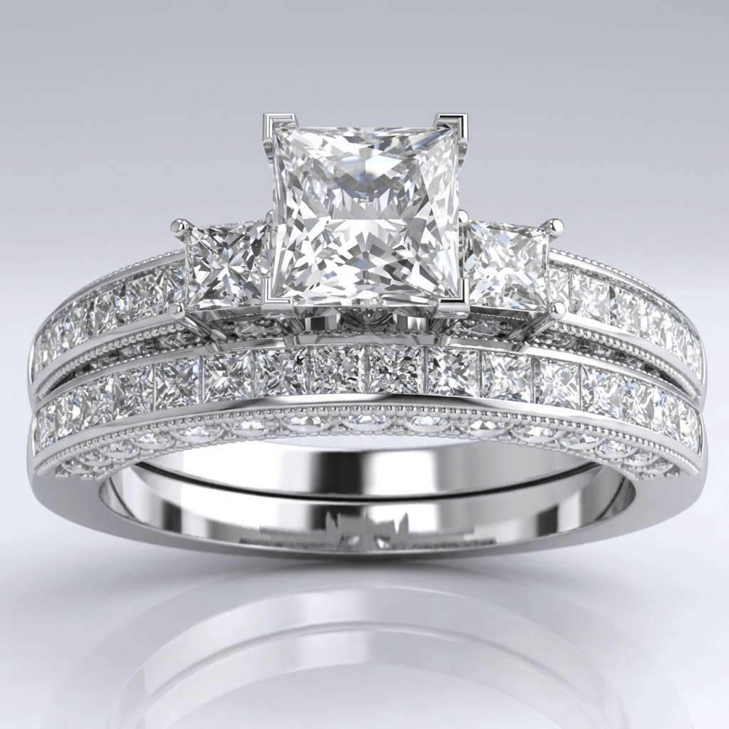 Anel quadrado de prata com pavê de diamantes, da marca Rose & Oliver, mostrado em close-up com detalhes brilhantes.