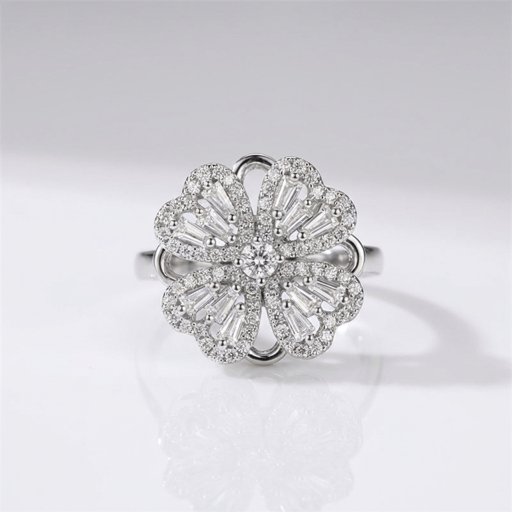 Baguette Zirconia Rotating Flower Ring - (Adjustable) by Rose & Oliver, detail view