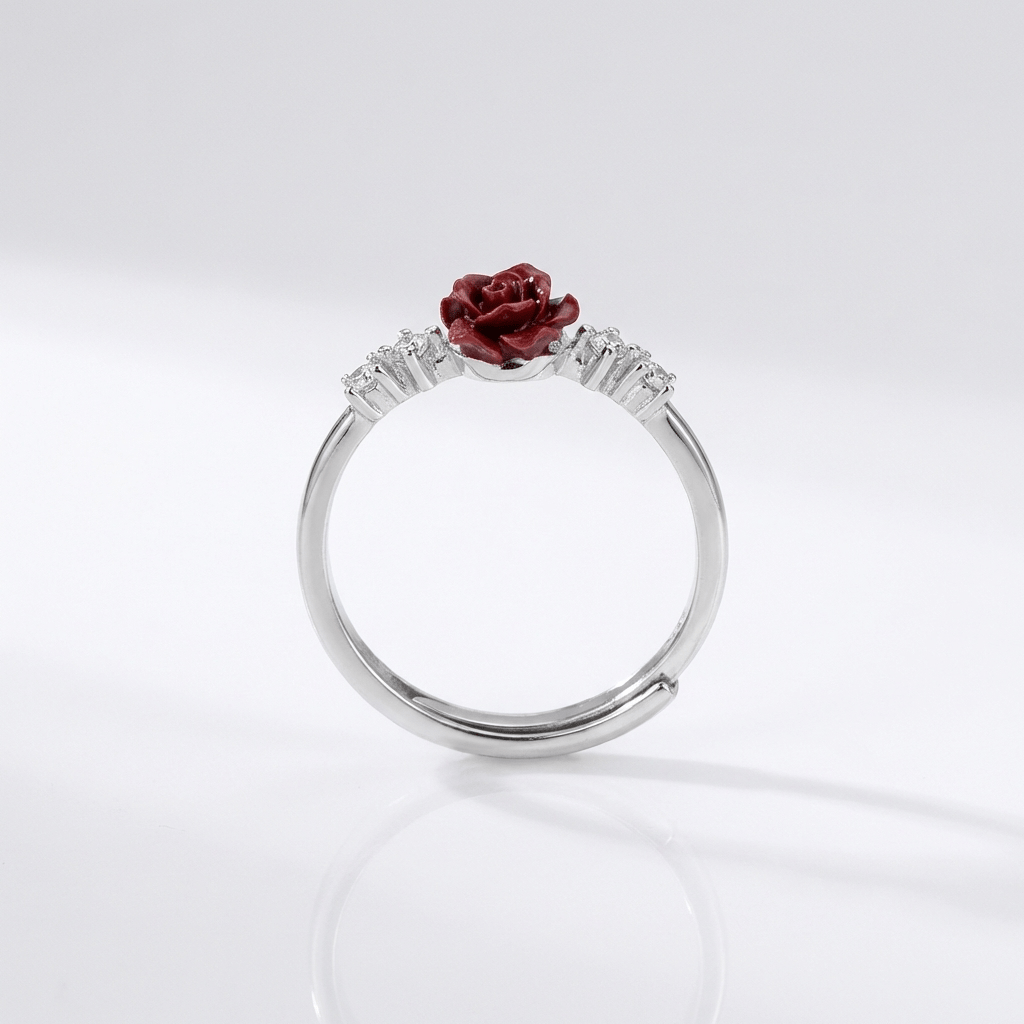 Silver Rose Diamond Ring - (Adjustable) by Rose & Oliver, detail view