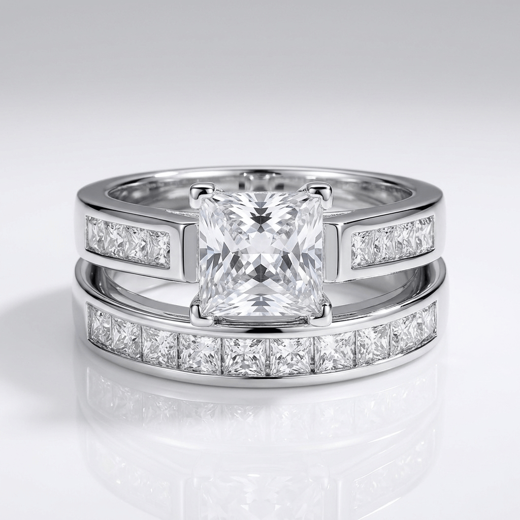 Anel de prata quadrado com zircônia emhalo, da marca Rose & Oliver, exibindo detalhes brilhantes e acabamento elegante.