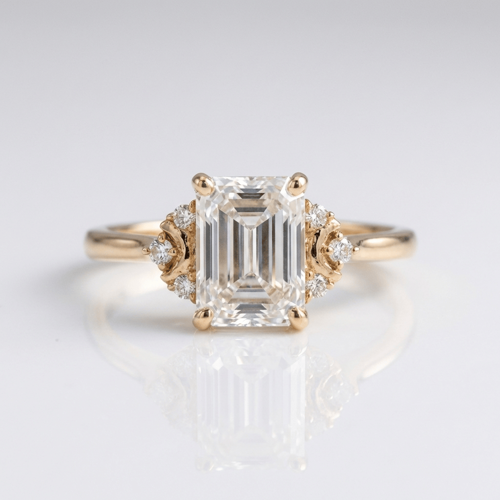 Anel prata com diamantes baguette, joia elegante da marca Rose & Oliver, exibindo detalhes brilhantes e acabamento refinado.