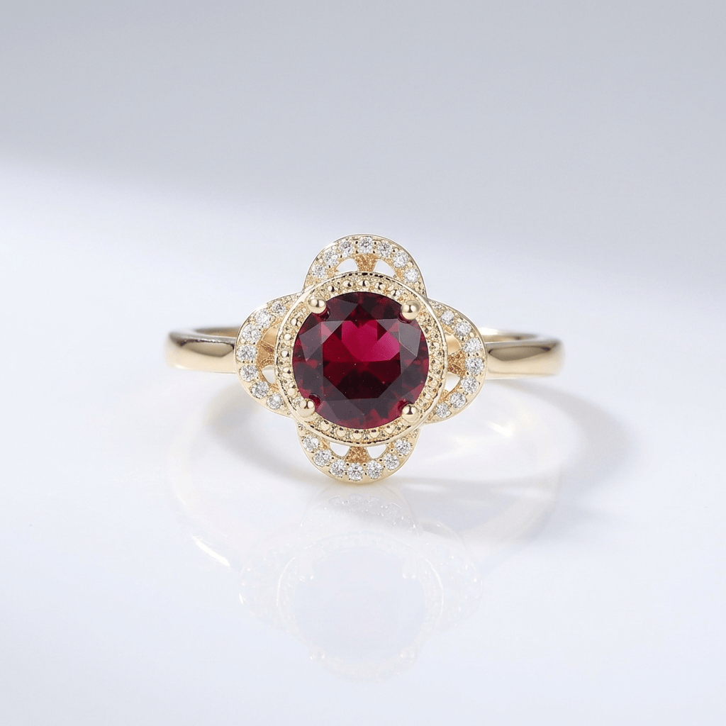 Gold Ruby Diamond Halo Ring by Rose & Oliver, main product view