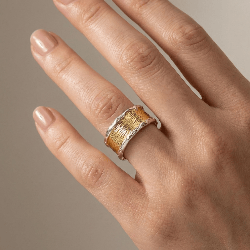 Anel ajustável Dois Tons de Ouro e Prata artesanal da Rose & Oliver, com acabamento elegante e design moderno.