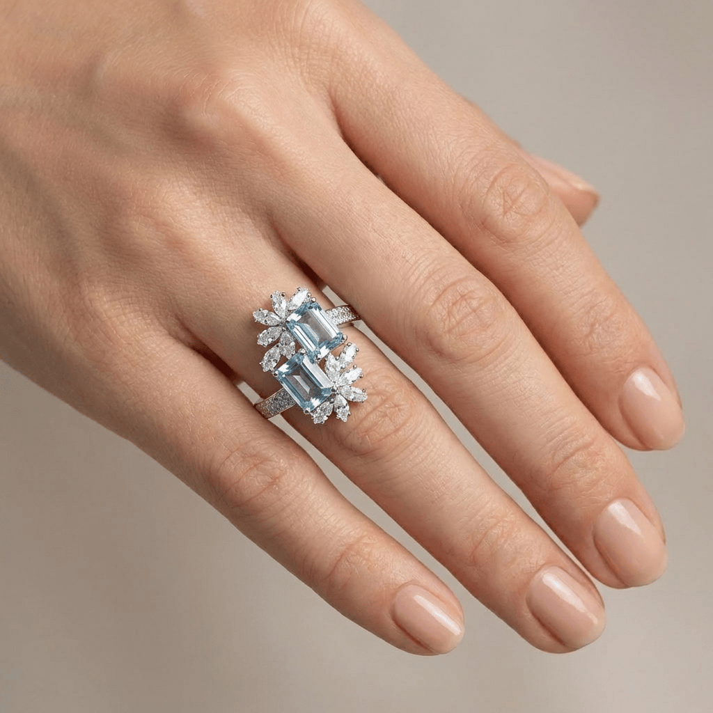 Aquamarine Crystal Silver Ring - (Adjustable) by Rose & Oliver, alternate product view