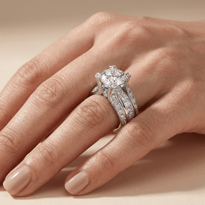 Anel de prata com diamantes brilhantes, estilo glamour, da marca Rose & Oliver, exibido em fundo branco.