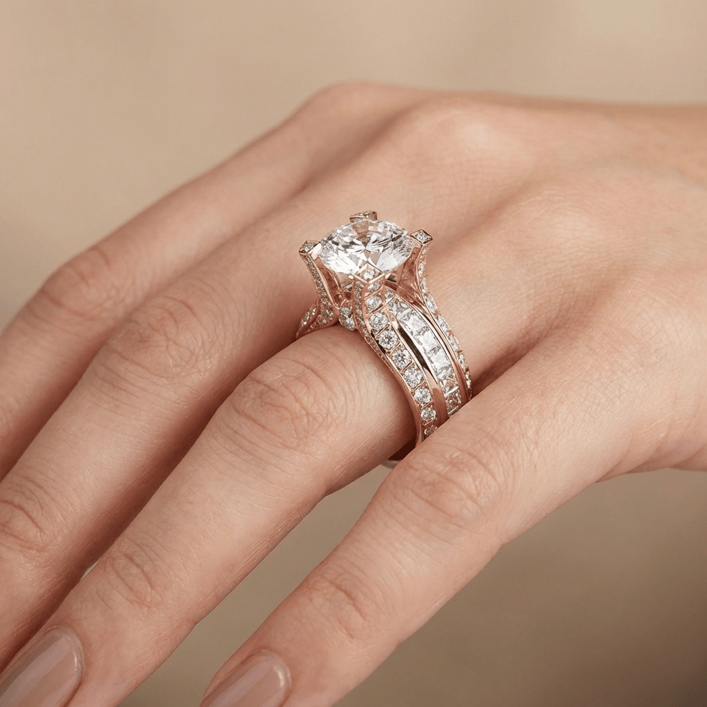Anel de prata com diamantes brilhantes da Rose & Oliver, design glamouroso e elegante, detalhes de pedras brilhantes na peça.