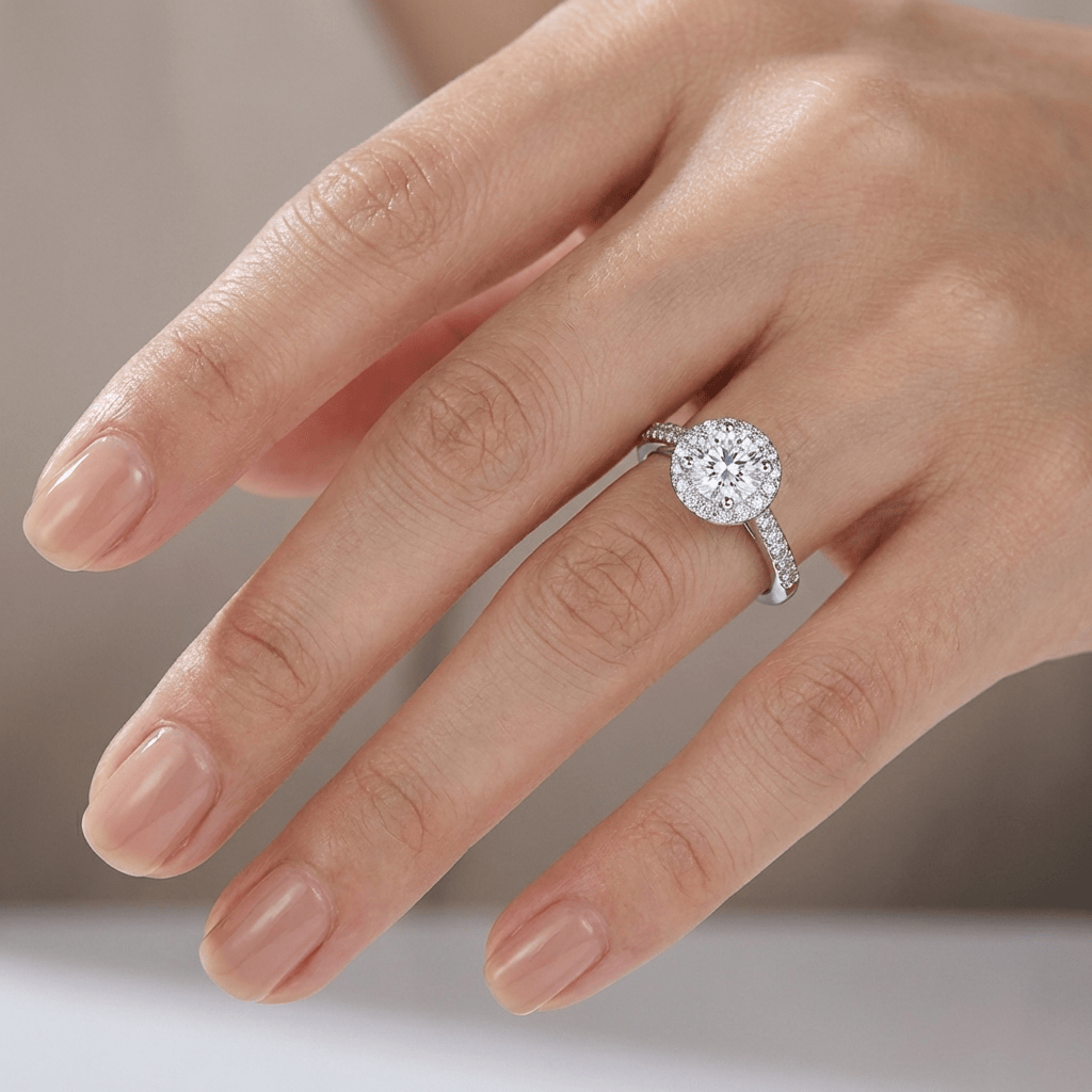 Anel de prata com diamantes pavê em halo, design elegante e brilhante, da marca Rose & Oliver.