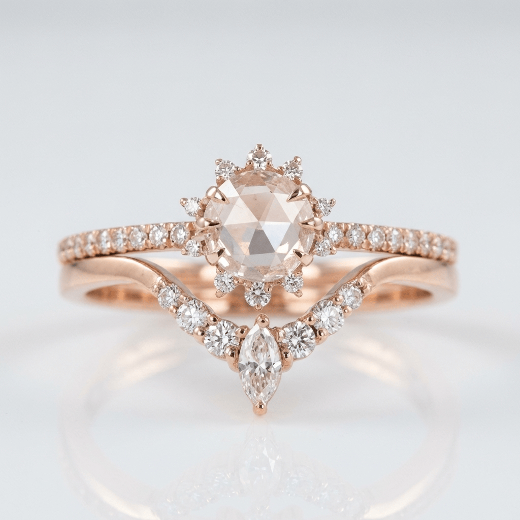Anel de zircônia em ouro rosa, Halo, da marca Rose & Oliver, com design elegante e detalhes brilhantes.