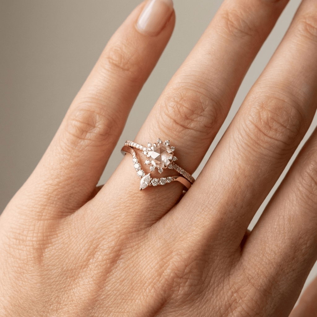Anel de ouro rosé com zircônia em halo, da marca Rose & Oliver, exibido com detalhes brilhantes e acabamento elegante.