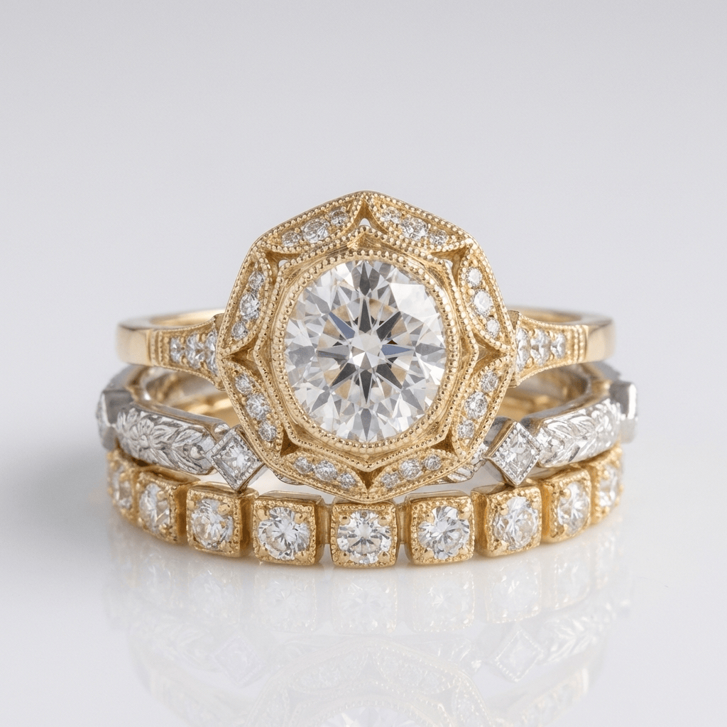 Anel oval de ouro com filigrana e diamantes, da marca Rose & Oliver, com detalhes delicados e acabamento refinado.