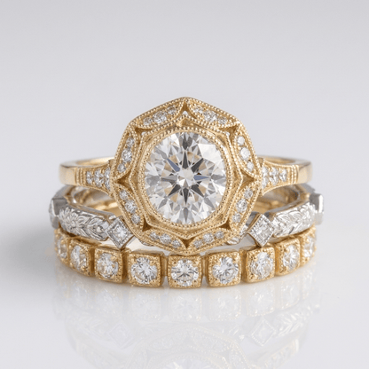 Anel oval de ouro com filigrana e diamantes, da marca Rose & Oliver, com detalhes delicados e acabamento refinado.