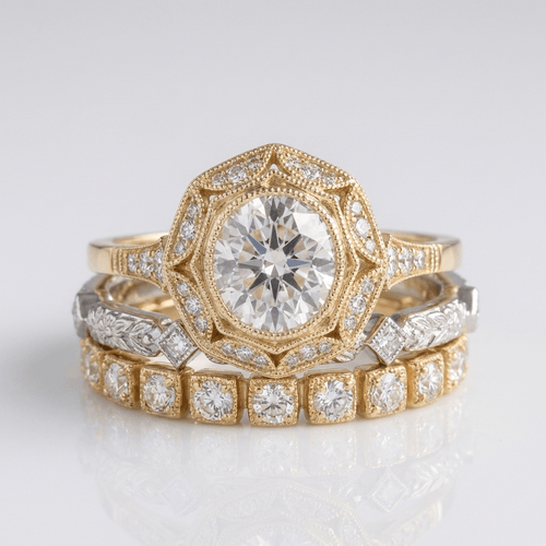 Anel oval de ouro com filigrana e diamantes, da marca Rose & Oliver, com detalhes delicados e acabamento refinado.
