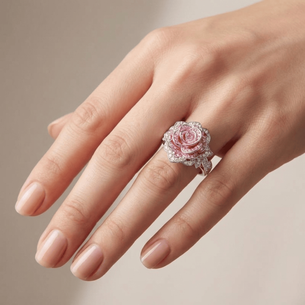 Anel Rose Nostalgia da Rose & Oliver com detalhes delicados em prata e acabamento rosé, ideal para ocasiões especiais.