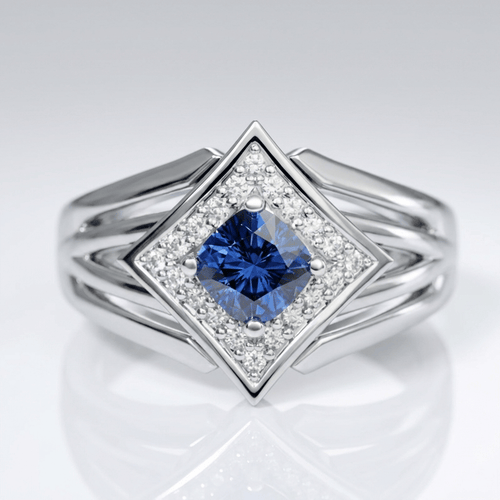 Anel de prata com estrela e safira azul, design elegante da marca Rose & Oliver, mostrando detalhes da joia.