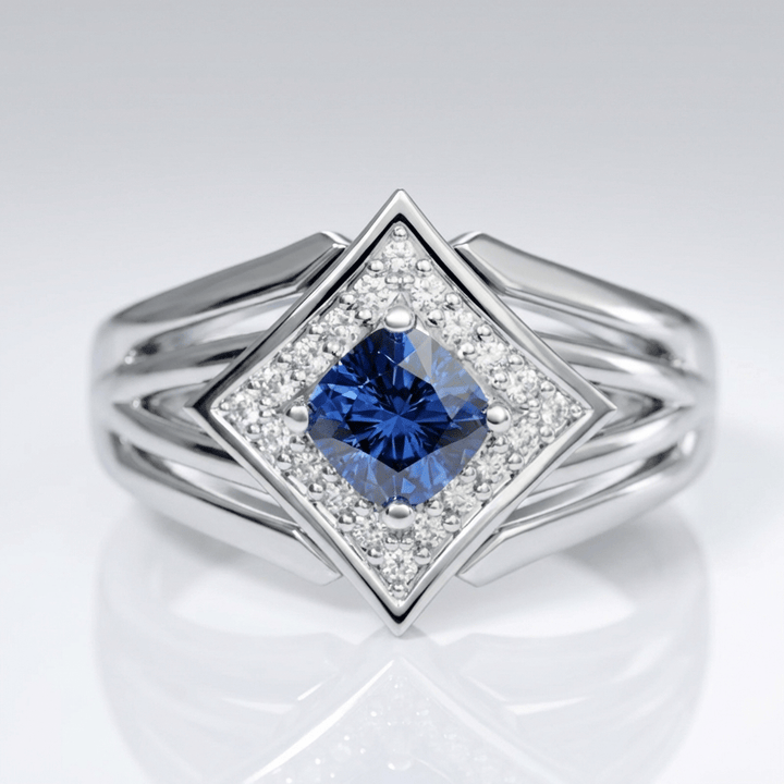Anel de prata com estrela e safira azul, design elegante da marca Rose & Oliver, mostrando detalhes da joia.