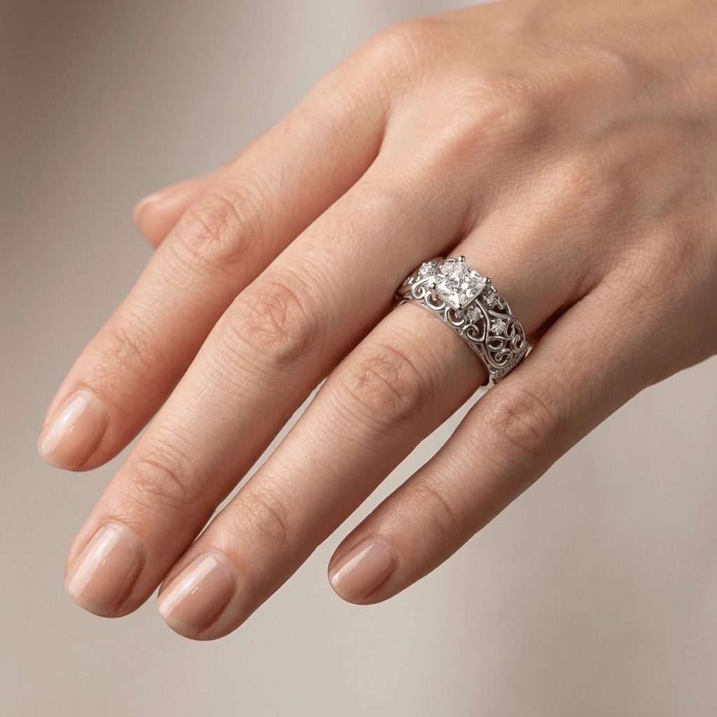 Anel de prata com diamantes cushion e detalhes entalhados, da marca Rose & Oliver, exibido em close-up.