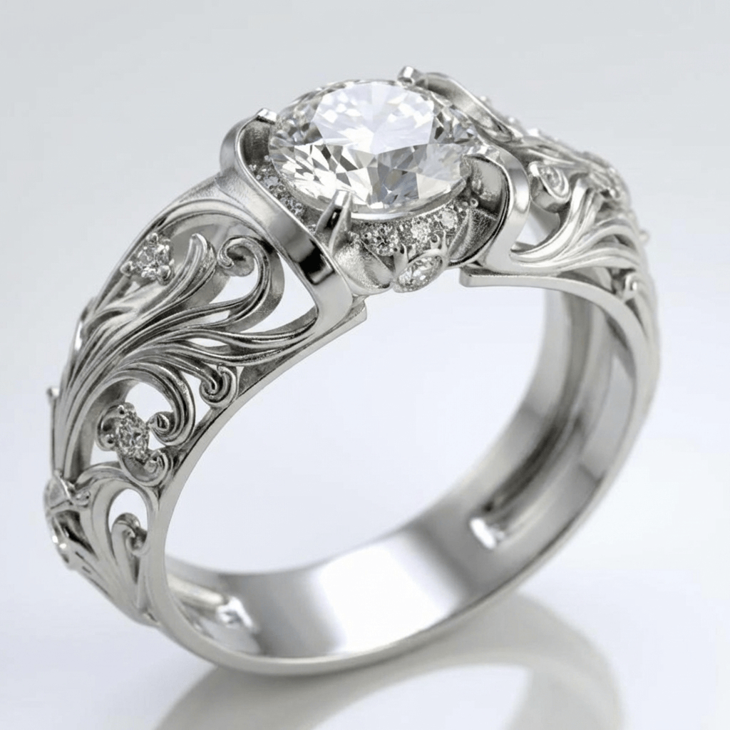 Anel vintage prata Rose & Oliver com design elegante e detalhes clássicos, destaque para acabamento polido e estilo sofisticado.