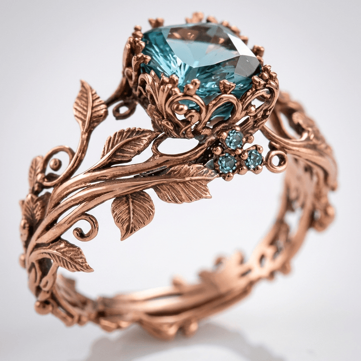 Anel Rose Gold Enchanted Forest da Rose & Oliver com detalhes delicados de folhas e natureza em acabamento rosé.