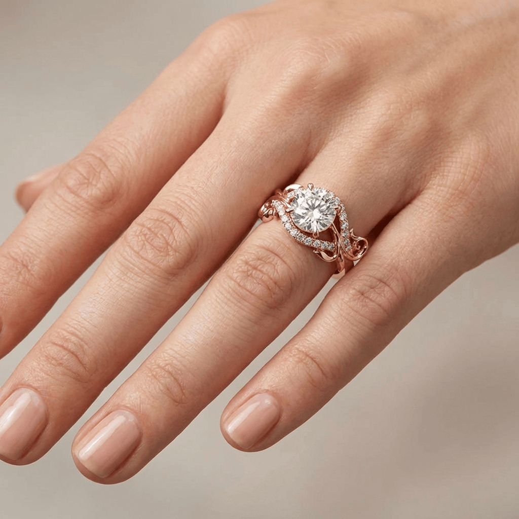 Anel Rose Gold com zircônias em formato de videira graciosa, da marca Rose & Oliver, com detalhes delicados e brilho elegante.