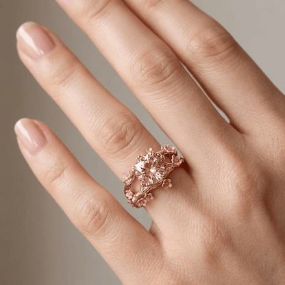 Anel rosa com flor de rosa, feito pela Rose & Oliver, exibido com detalhes delicados e acabamento elegante.