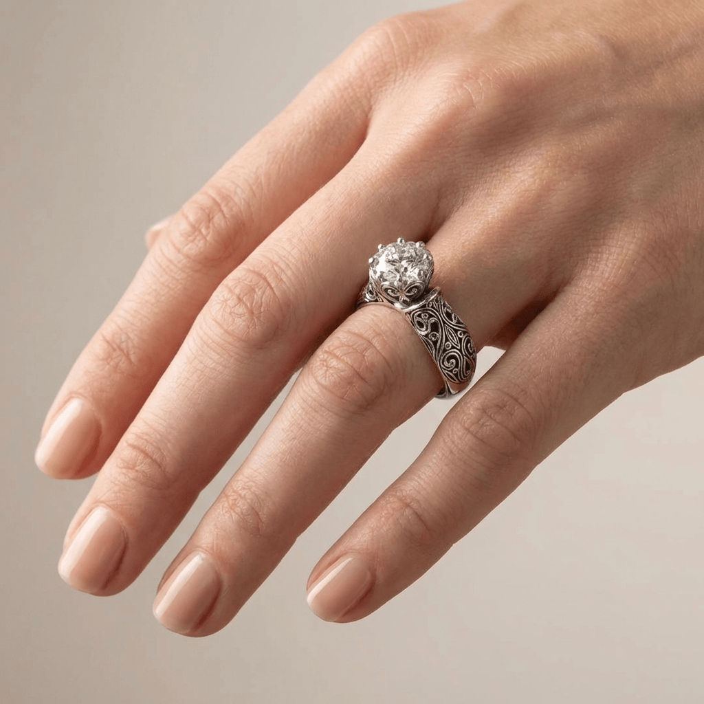 Anel heirloom de prata com zircônias brilhantes, da marca Rose & Oliver, exibido com detalhe detalhado na imagem.