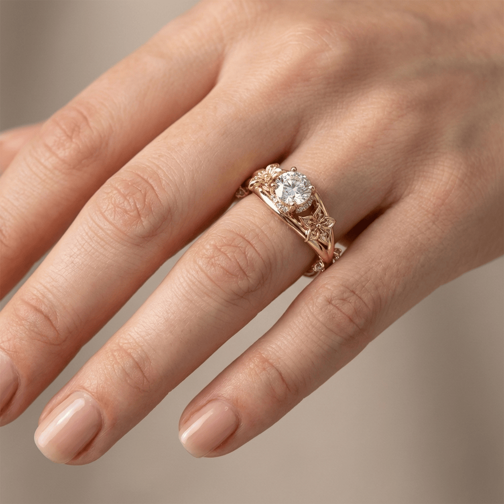 Anel Rose & Oliver com zircônia dourada em forma de flor, detalhes elegantes e acabamento brilhante.