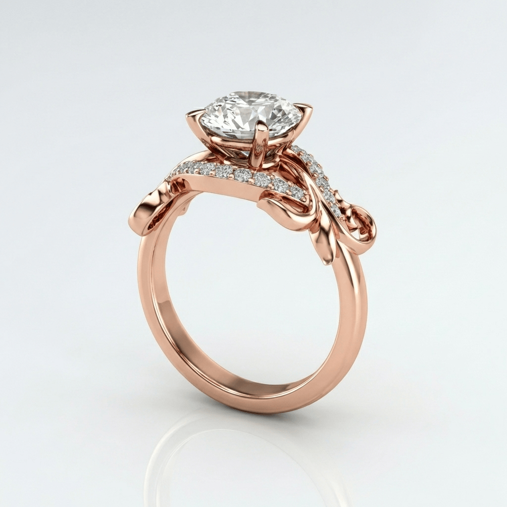 Anel de ouro rosa com zircônias em formato de vinha graciosa, da marca Rose & Oliver, mostrado em close-up.