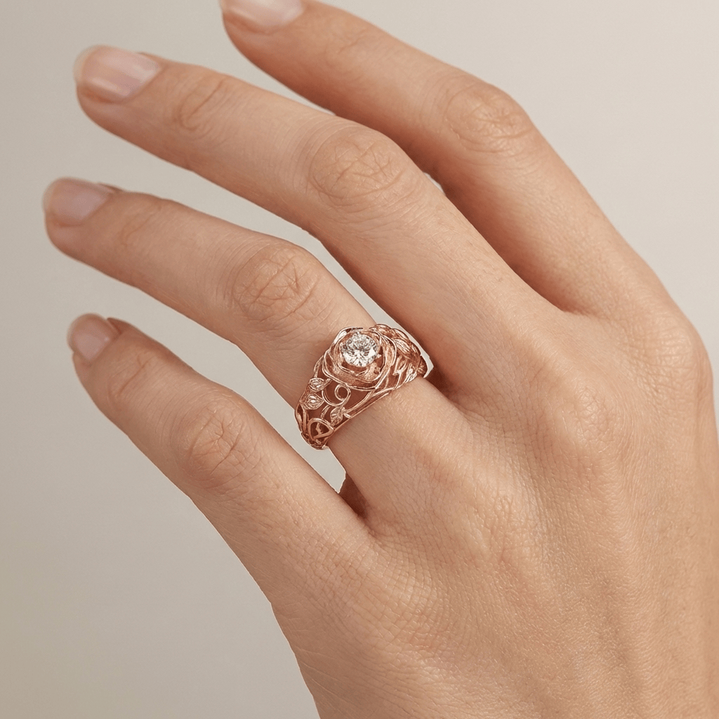 Anel vintage de zirconia rosa entalhada da Rose & Oliver, com design clássico e detalhes ornamentais em prata.