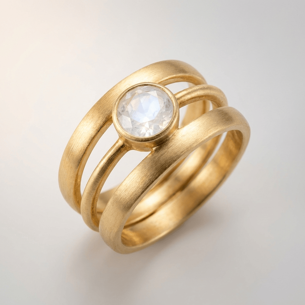 Anel de prata com pedra de moonstone dourada, da marca Rose & Oliver, exibido em close com detalhes brilhantes.