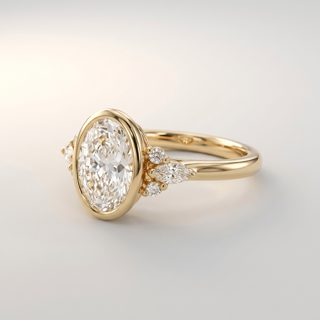 Anel ajustável Rose & Oliver com três zircônias ovais douradas em formato pera, design elegante e sofisticado.