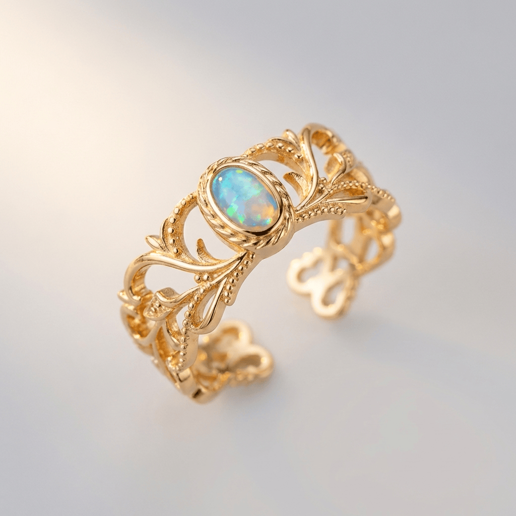 Anel ajustável Rose Gold Opal Wings da Rose & Oliver, com detalhes de asas celestiais e pedra de opala brilhante.