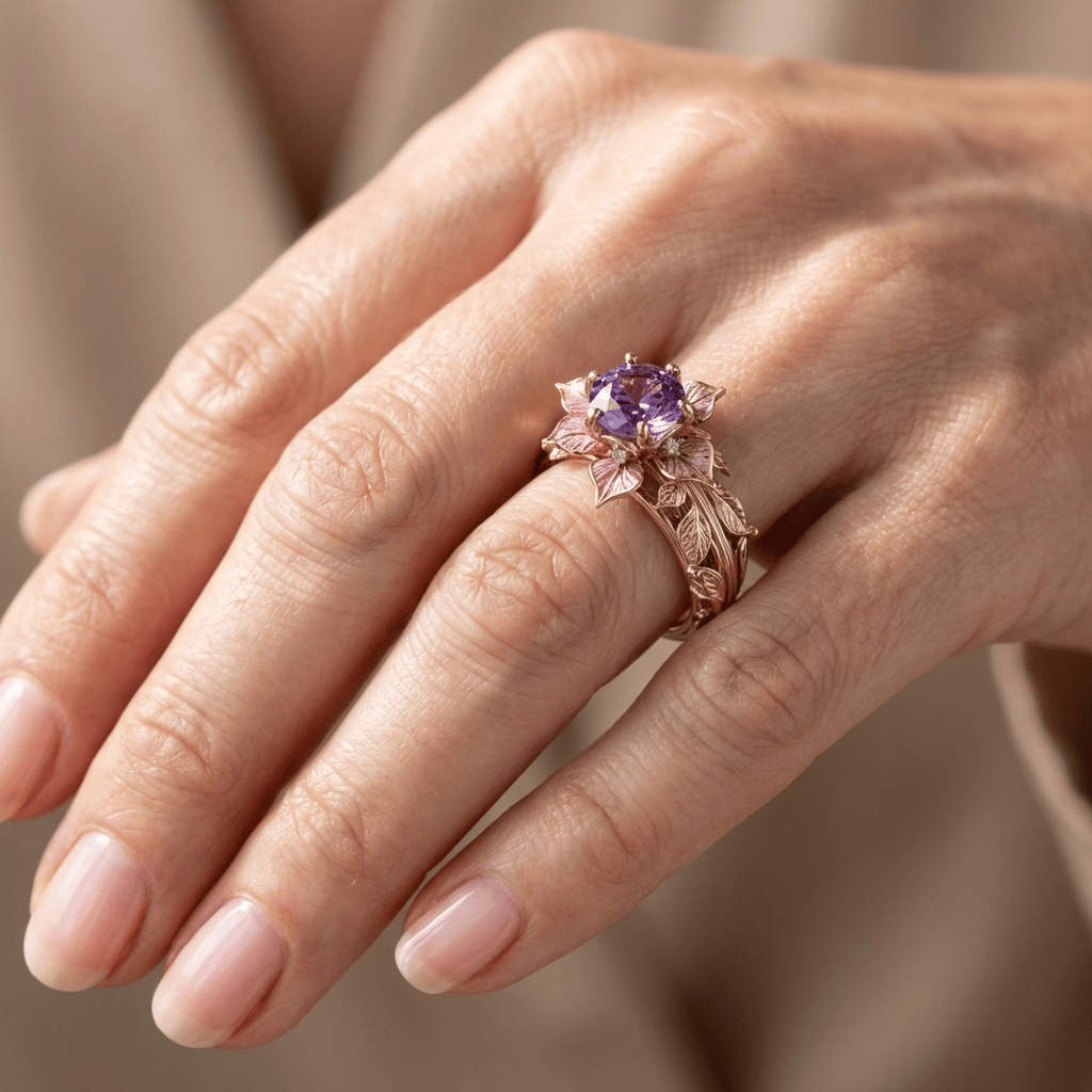 Anel dourado com detalhes em roxo e floral, da marca Rose & Oliver, com acabamento elegante e delicado.